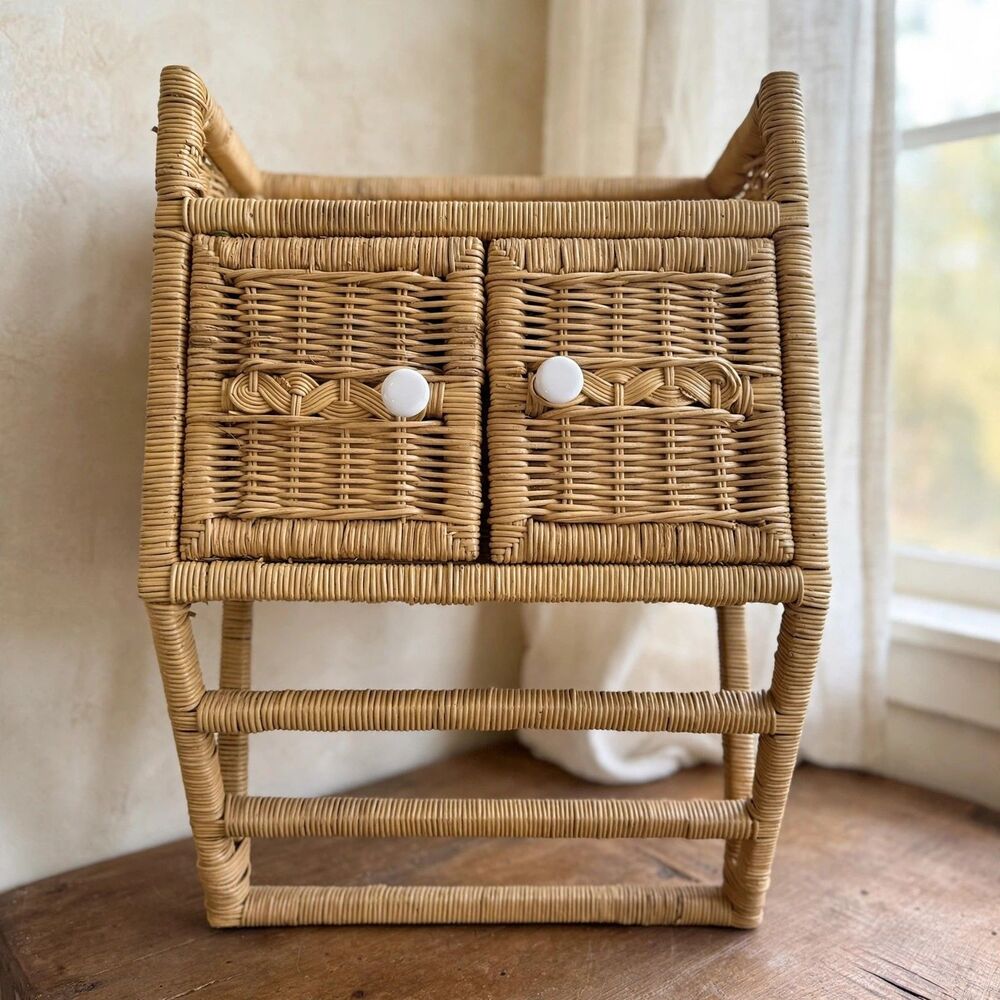 Vintage Wicker Rattan Bathroom Cabinet Towel Rack Wall Storage Boho Farmhouse